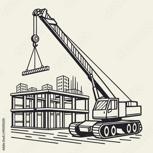 Mobile Crane Lifting Steel Beams Construction Vector