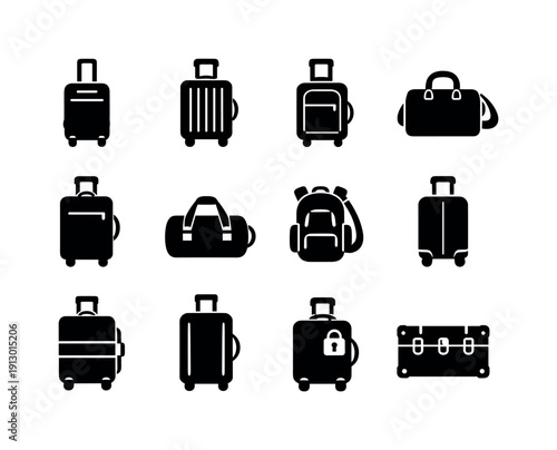 Luggage styles. Solid icon set of luggage styles: rolling suitcase, hard shell case, soft luggage, carry-on bag, checked bag, duffel bag,