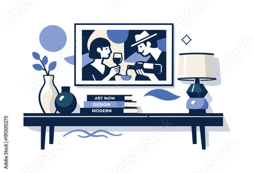   Chic dining room sideboard. Elegant console table against a wall, ceramic vases, art books,