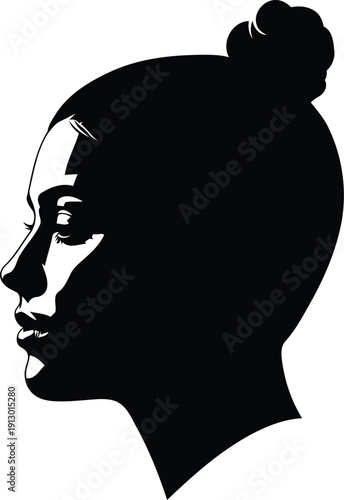 Vector silhouette of a woman's profile with a hair bun, rendered in stark black and white for a bold graphic illustration. isolated PNG with Transparent Background