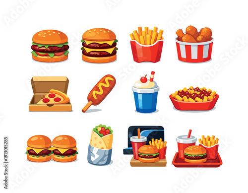 Fast food classics. Colorful flat vector icons set of fast food classics: hamburger, double cheeseburger, french fries box, fried chicken