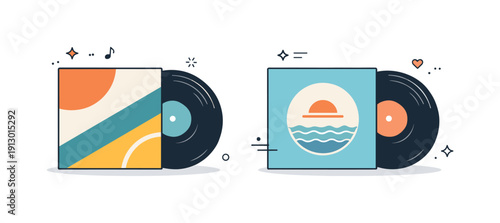 Retro Vinyl Aesthetic. Vinyl sleeves and records set. LP sleeves and black discs positioned side by side in a tidy composition, symbolizing analog listening
