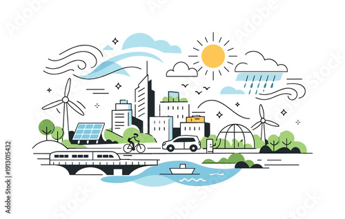 Future-proof cities. A balanced cityscape combining infrastructure, nature, and technology to adapt to climate change. Abstract shapes