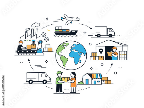 Worldwide distribution system. Products traveling from production to delivery, shown through simple routes and symbols. Calm, structured