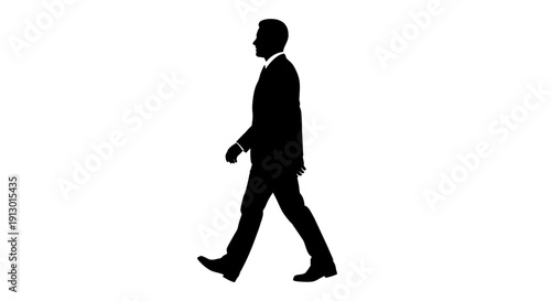 A man in a suit walks alone confidently in a professional setting, viewed from the side, with a clean graphic illustration style.