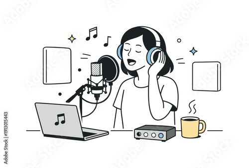 Home studio singing. A person recording vocals at home with a microphone, laptop, and small acoustic panels suggested by simple shapes. The