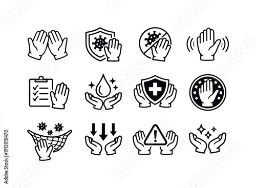   Infection Control Gloves. Line outline icon set of Infection Control Gloves: gloved hands