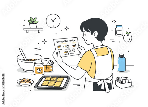 Nutritious snack preparation. A person checking a simple recipe card while baking energy bars in a tidy kitchen space. The scene reflects