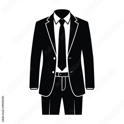 A black and white illustration of a men s suit on a mannequin