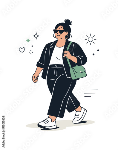 Confident Plus-Size Style. Plus-size fashion trends. A confident plus-size person wearing a modern outfit, walking forward with relaxed posture and