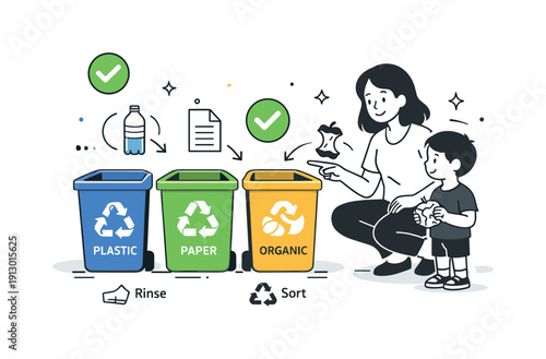 Recycling Made Simple. Teaching recycling habits. Adult showing a child how to recycle correctly using color-coded bins. Gentle educational mood with