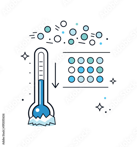 The process of freezing. Conceptual view of a thermometer dropping while abstract particles slow and settle into order. Visual metaphor of