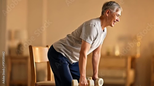 Elderly Man with Gray Hair Performing Bent Over Dumbbell Rows for Back Muscle Strength Training Indoors with Soft Warm Lighting and Blurred Residential Background