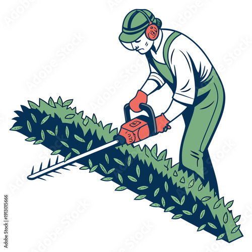Professional Landscaper Trimming Garden Bushes with Hedge Trimmer