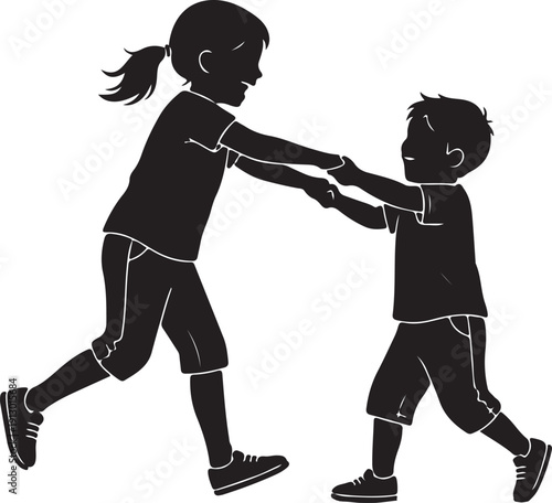 Black silhouette of siblings playing on a white background, minimal outline
