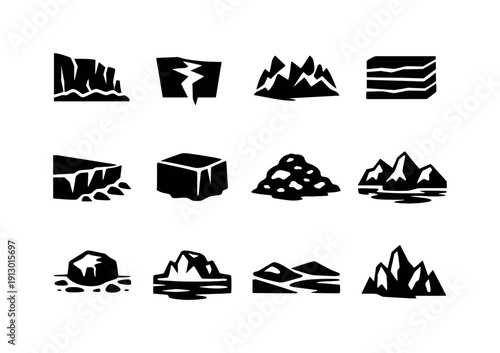   Glacial Formations. Filled icon set of Glacial Formations: glacier face, crevasse crack, ice