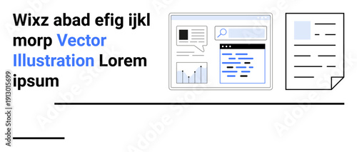 Data management, online research, office productivity, analytics tools, application interface, educational materials. A digital interface with charts and documents. Data management and online