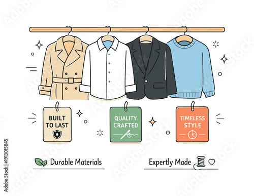 Timeless fashion and slow fashion principles. A focused scene showing classic garments neatly arranged on hangers with simple tags