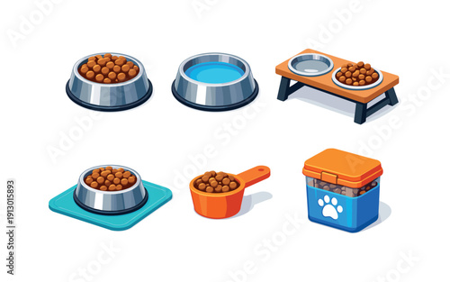 Pet Feeding Set. Pet feeding set. Isometric flat vector icons set of pet feeding set: stainless bowl with kibble, stainless bowl with water, raised feeder