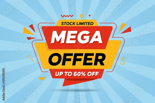 A vibrant mega offer advertisement with up to sixty percent discount.