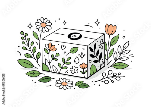Nature vibe package design with flowers and plants. A clean product box wrapped in botanical patterns, soft flowers and leaves surrounding
