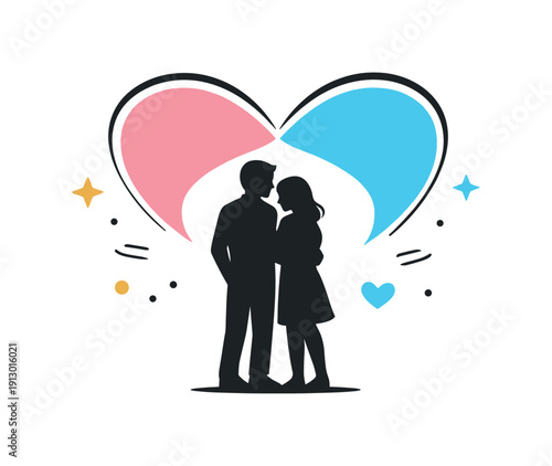 Silhouettes under abstract heart. Two lover silhouettes standing beneath a large abstract heart shape. Symbolic romance, unity, and emotional