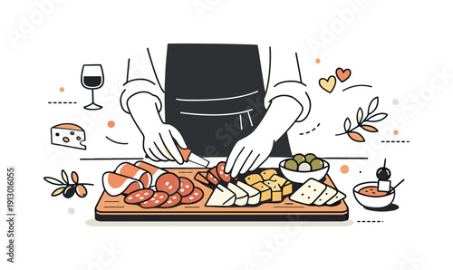 Charcuterie Elegance. A person preparing a charcuterie board with a variety of meats and cheeses. Abstract editorial composition with board, sliced foods, and