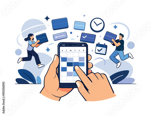   Using a calendar app. Person holding a smartphone with a clean calendar interface, colored