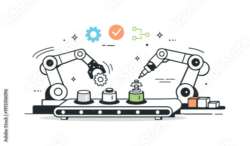 Industrial machinery. Robotic arms assembling parts on a production line, precise automation and modern technology. Smooth motion lines and