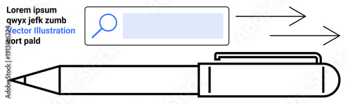 Data research, innovation workflows, creative ideas, search tools, content creation, digital exploration. Search bar with magnifying glass, arrows and pen. Data research and content creation concept