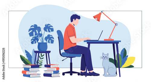 Illustration of a person typing on a laptop at a desk with a red lamp. A cat sits nearby, surrounded by potted plants and stacked books.
