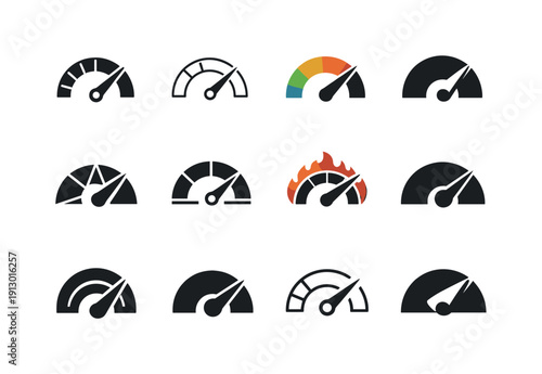 Training Intensity Icons. Training intensity. Icon set. Set Logo of Training intensity: gauge dial rising. harmonious logo variations of the same emblematic