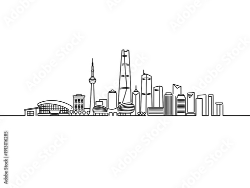 Continuous line drawing of Shanghai city skyline a modern metropolis in China featuring iconic skyscrapers and landmarks against a white background.