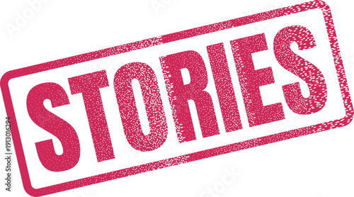 Distressed red rubber stamp with the word STORIES on a clean white surface