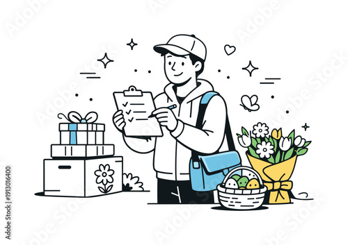 Spring Flower Deliveries. Completed spring holiday flower deliveries. Courier checking a delivery list with remaining flowers nearby, calm satisfaction and