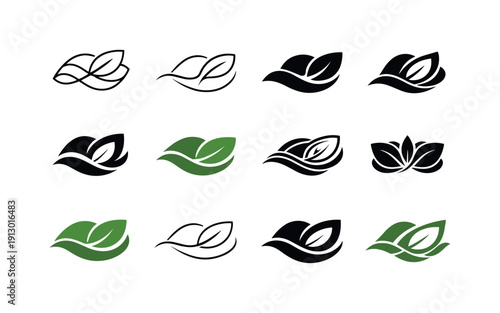 Biophilic design. Icon set. Set Logo of biophilic design: organic flowing lines with leaf. harmonious logo variations of the same emblematic