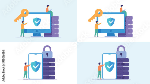 Flat design security illustration set with people and devices computer