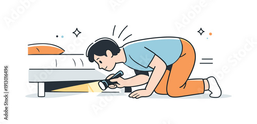 Searching for a lost item. A person bending down to look under the bed while holding a small flashlight, abstract lines showing focused