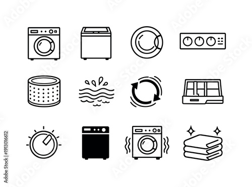 Washing Machine. Line icon set of Washing Machine: front load washer, top load washer, washing machine door, control panel knobs, laundry