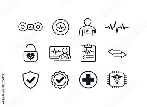   Medical Wearable ECG. Line outline icon set of Medical Wearable ECG: clinical ECG patch,