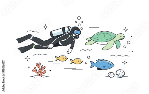 Sea creatures and scuba diving. A diver calmly swimming alongside fish and a sea turtle, gentle bubbles and motion lines showing peaceful