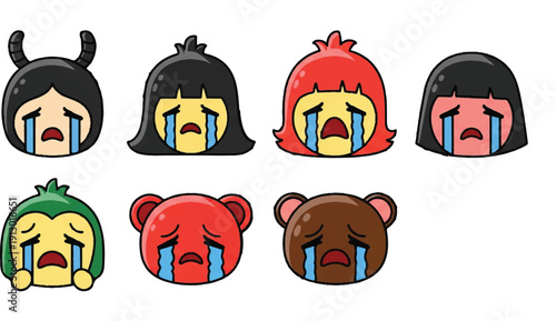 Cartoon crying faces diverse expressions of sadness and grief
