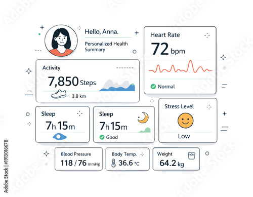 Data-driven healthcare. Abstract medical dashboard with personalized metrics, heart rate and wellness indicators neatly arranged. Clean