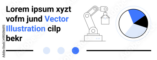 Robotic arm lifting an object alongside a segmented pie chart representing data analysis and process automation. Ideal for technology, industry, innovation, AI, robotics, data visualization, simple