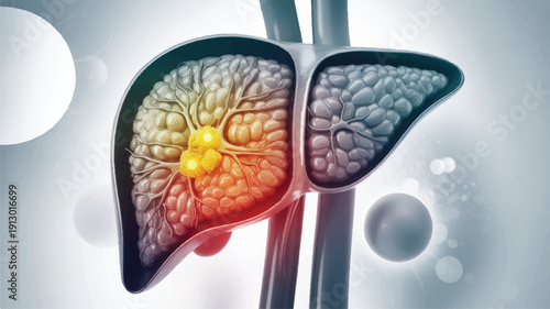 A medical illustration of a human liver cross-section against a light gray background with soft bokeh effects (2)_traced