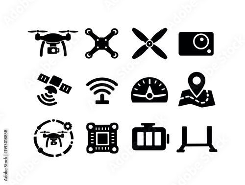 Unmanned Aerial Vehicles. Solid icon set of Unmanned Aerial Vehicles: uav drone, quadcopter frame, propellers, onboard camera, gps module,