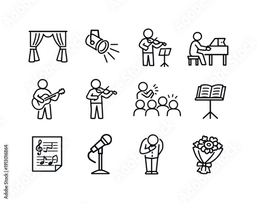   Music school performance. Line outline icon set of music school performance: stage curtain,