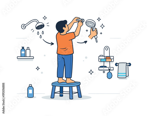 Bathroom upgrade moment. A person standing on a small stool, reaching up to replace an old shower head with a new one. The scene suggests