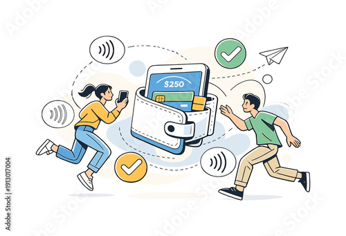   Cashless lifestyle theme: digital wallet experience. Floating wallet app with cards,