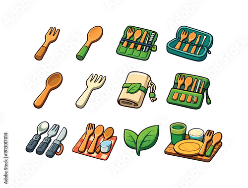 Colorful Eco Cutlery Icons. Eco cutlery. Colorful isometric vector icons set of Eco cutlery: bamboo fork, bamboo spoon, reusable cutlery set, travel cutlery